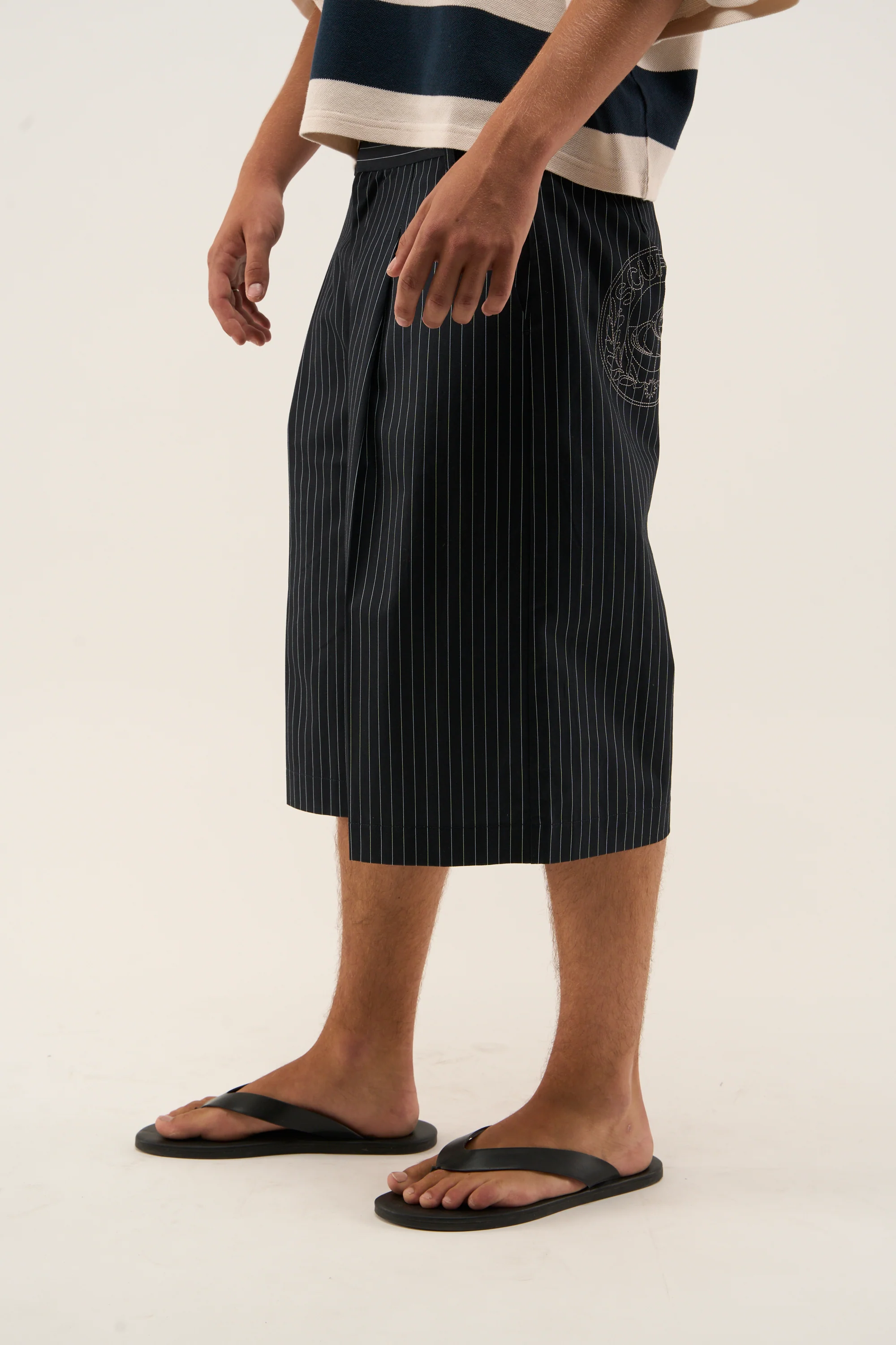 Maison Navy Pinstripe Shorts - Image 2