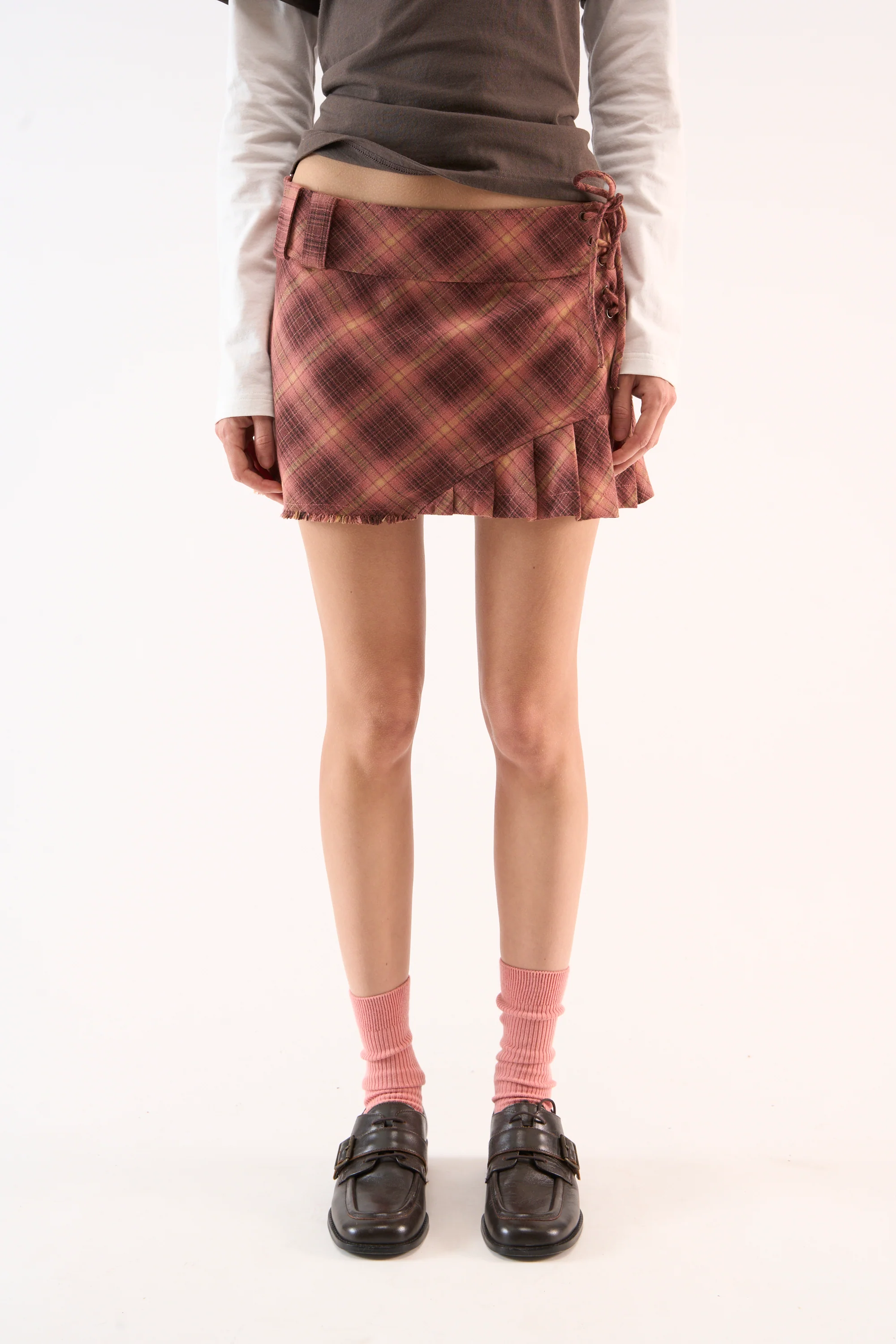 Pleat Burgundy Checkered Skirt - Image 4